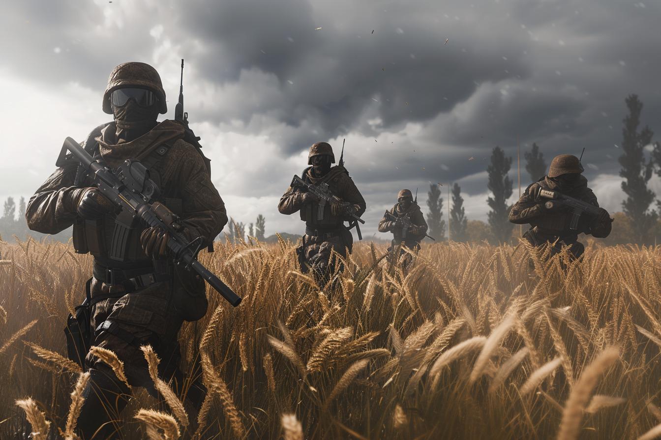 A group of operatives in uniform is walking through a wheat field