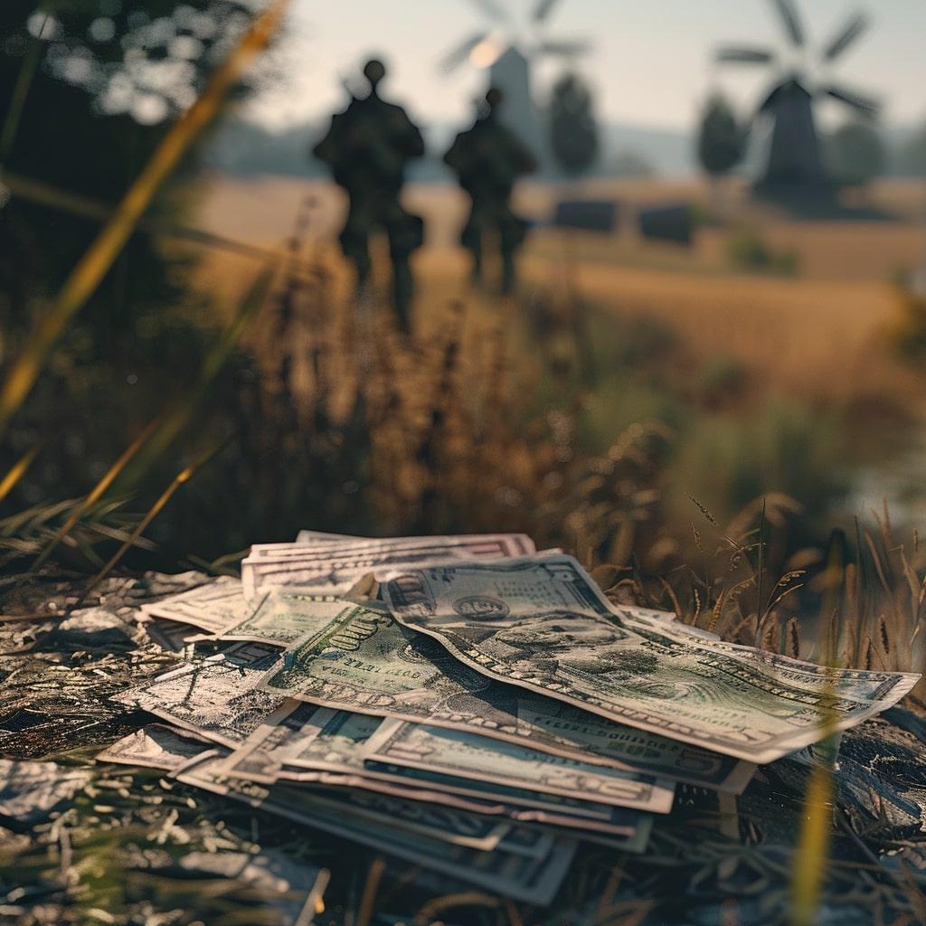 a pile of bills lies on a stone against the background of windmills and two operatives