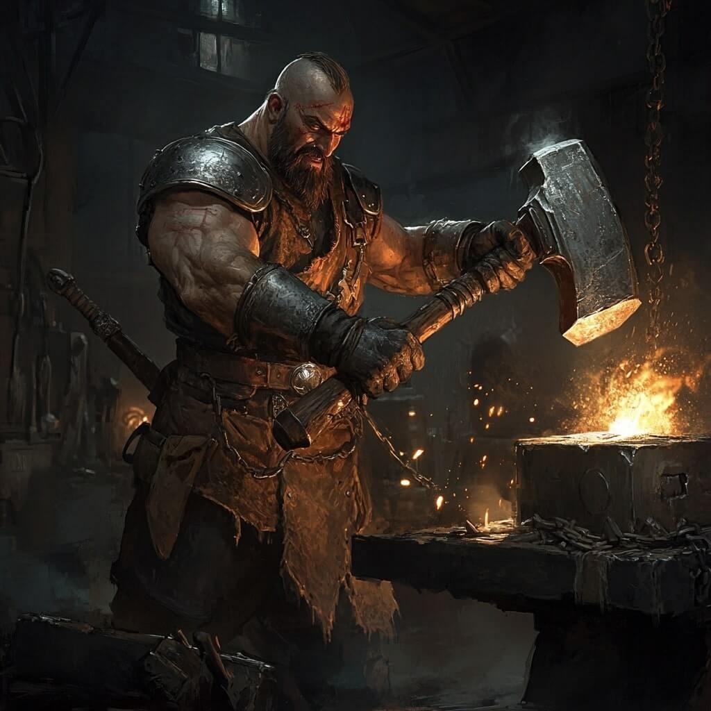 Blacksmith from Diablo 4 making a sword