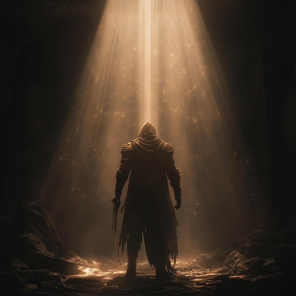 person fully equipped in armor standing in the beam of light