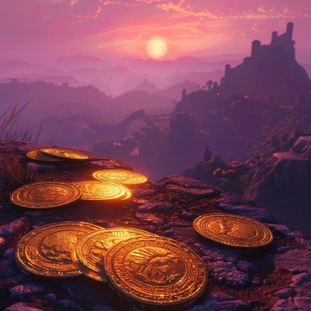 Several gold coins under the sunset