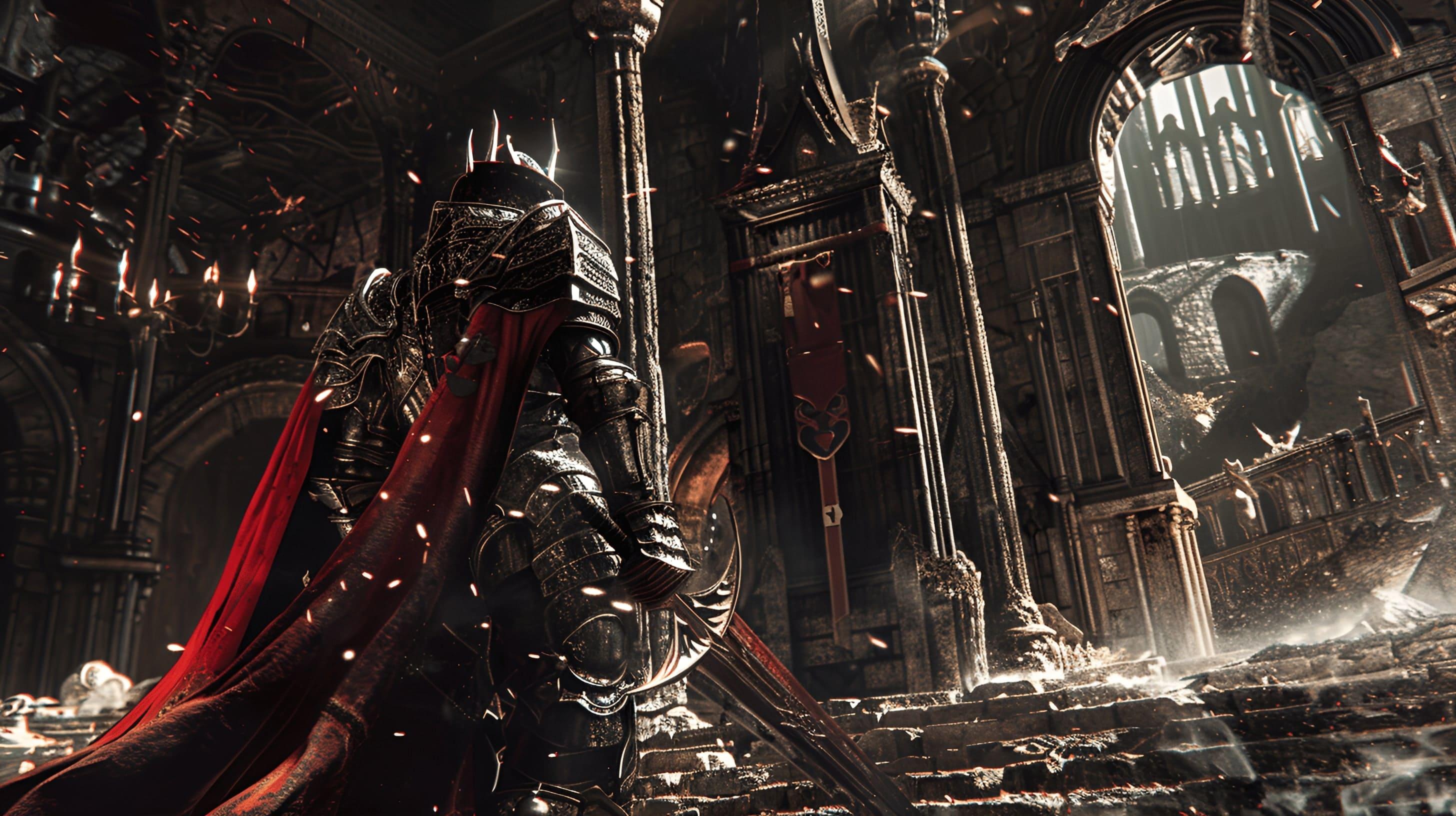 A knight in glowing black and red armor stands in the Tarisland dungeon