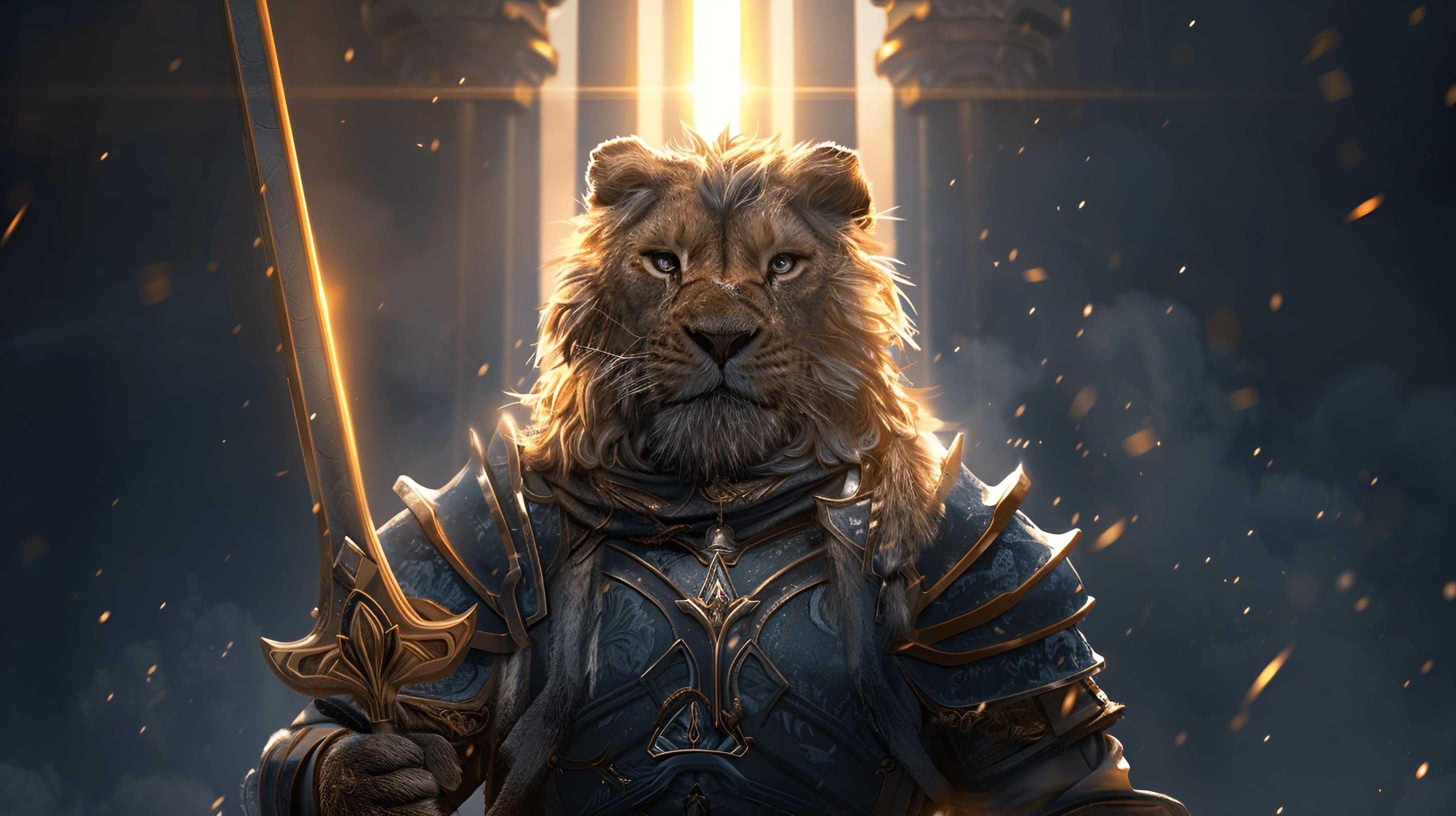 Tarisland Barbarian lion in armor staying in the beam of light