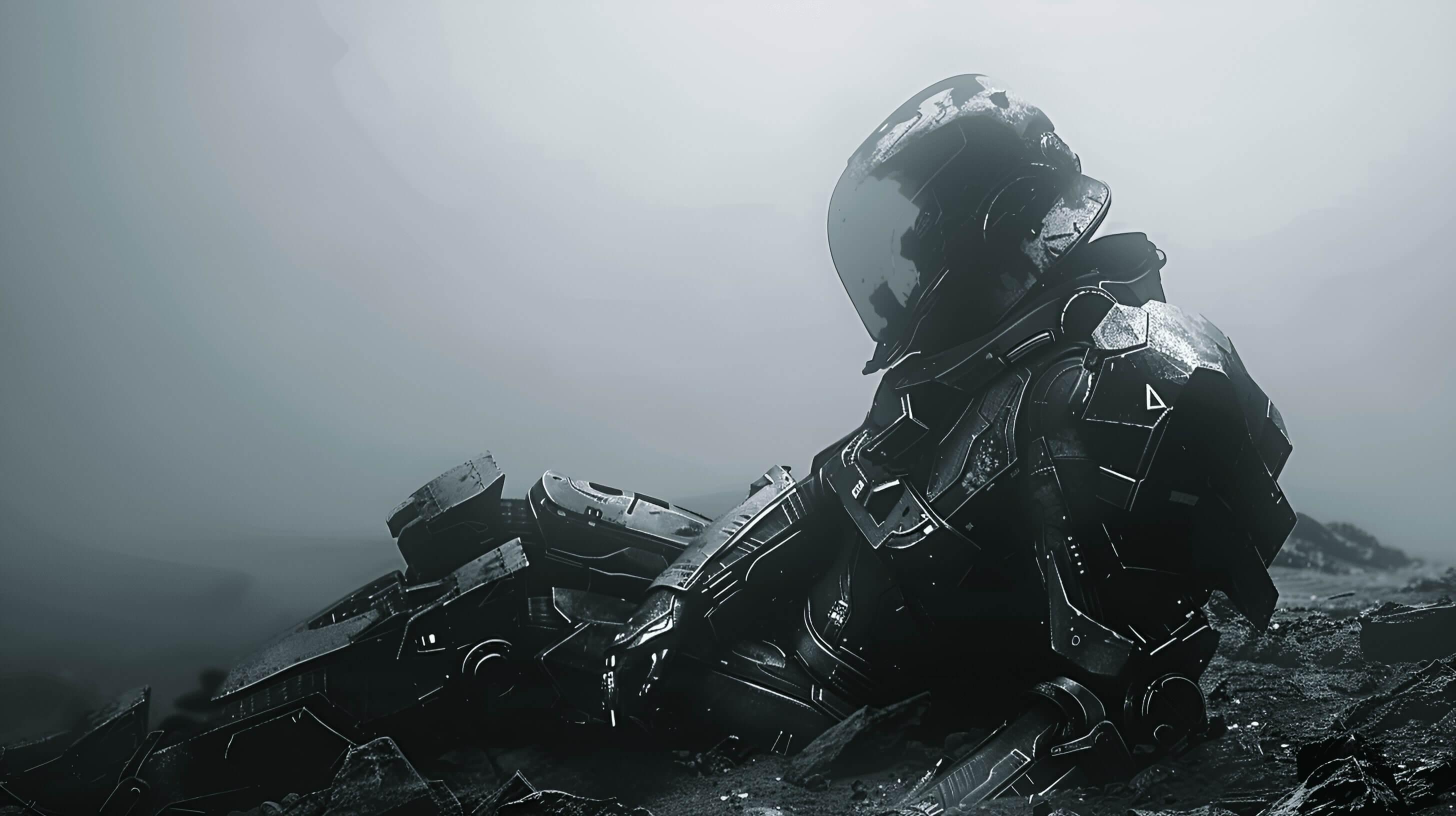 Futuristic soldier from the game The First Descendant laying on the ground