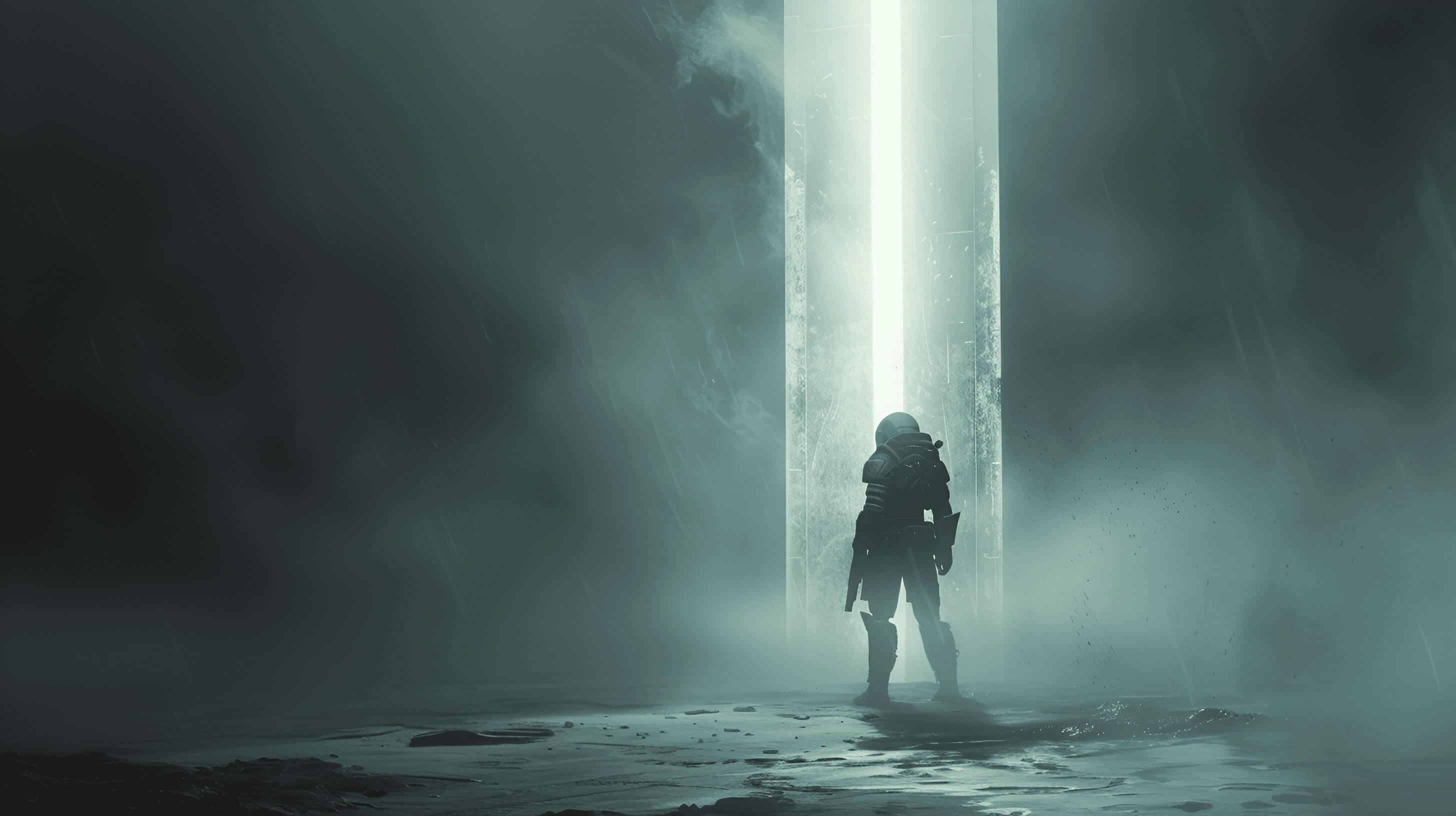 Epic futuristic soldier from the game The First Descendant standing inside the beam of light